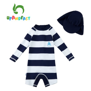 Infant Swimsuit Boy's Stripe Long Sleeve Bathing Suit with Sun Hat UPF 50+ Sun Protection