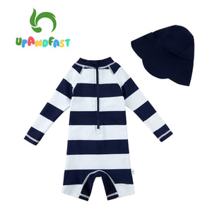 Infant Swimsuit Boy's Stripe Long Sleeve Bathing Suit with Sun Hat UPF 50+ Sun Protection