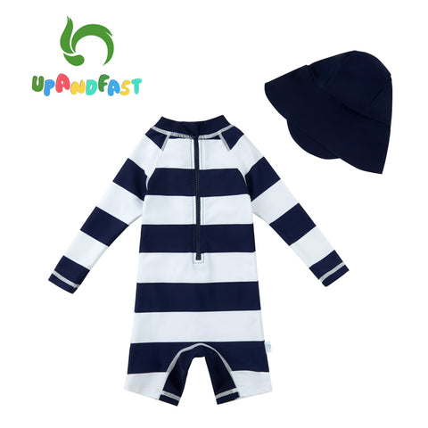 Image of Infant Swimsuit Boy's Stripe Long Sleeve Bathing Suit with Sun Hat UPF 50+ Sun Protection