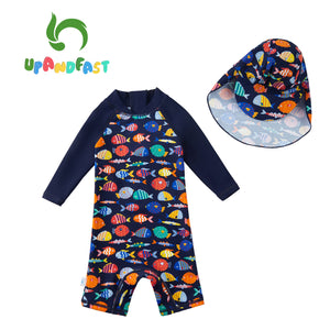 Baby Boy Rash Guard Swimwear One Piece Zip Sunsuits with Sun Hat UPF 50+ Sun Protection