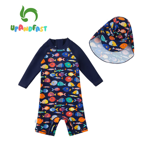 Image of Baby Boy Rash Guard Swimwear One Piece Zip Sunsuits with Sun Hat UPF 50+ Sun Protection