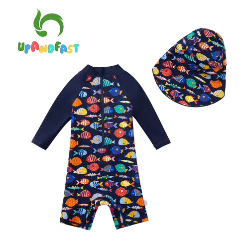 Image of Baby Boy Rash Guard Swimwear One Piece Zip Sunsuits with Sun Hat UPF 50+ Sun Protection